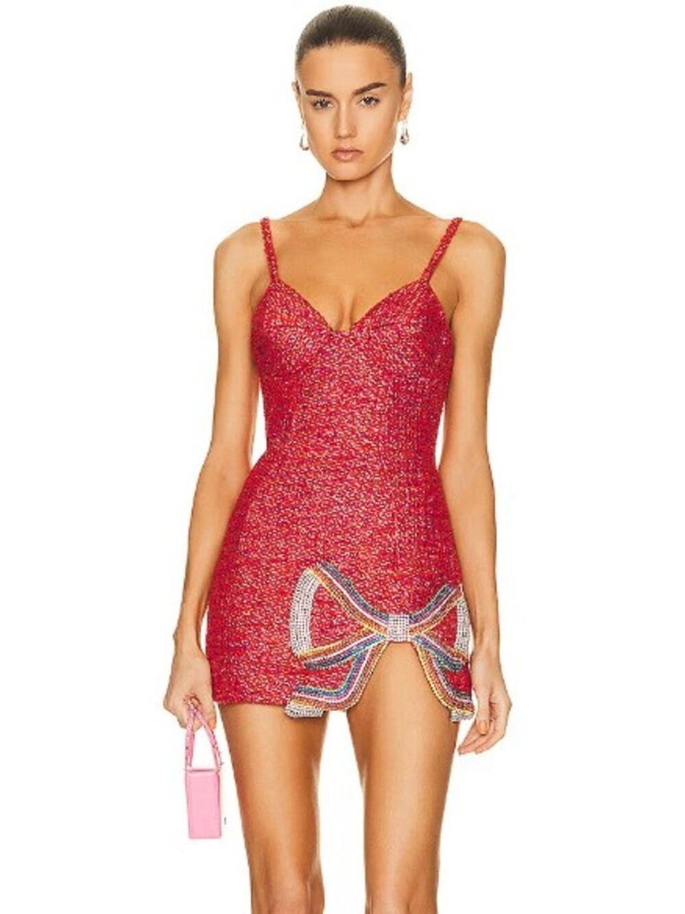 Area Crystal Bow Mini Dress Red Metallic Tweed Size 8 Cocktail Dress $1,595